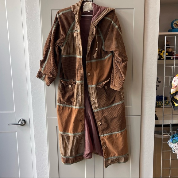 Retro Corduroy Mixed Media Earth Girl Patchwork Trench Coat Cropped Sleeve Small - Picture 2 of 14